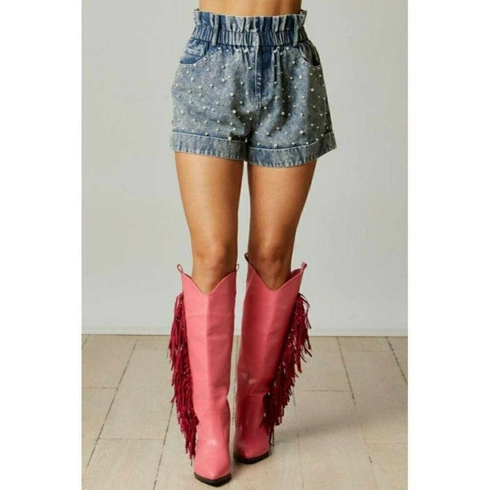 Pearly Girly Era Pearl Paperbag Shorts in Denim - Picture 4 of 7